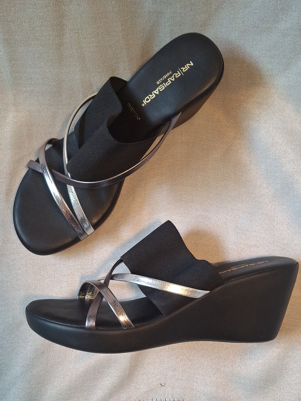 NR Rapisardi Firenze Black & Metallic Wedge Sandals - Size 8.5 B